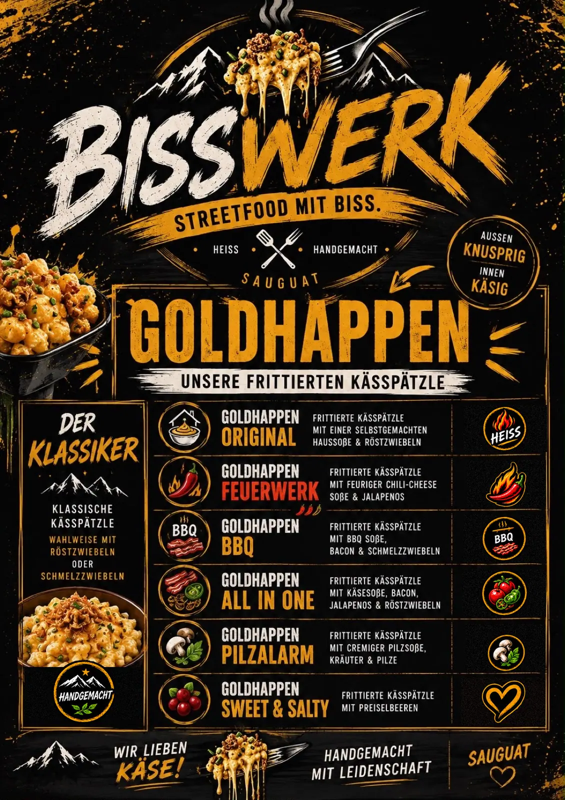 Plakat mit den Goldhappen-Sorten von Bisswerk